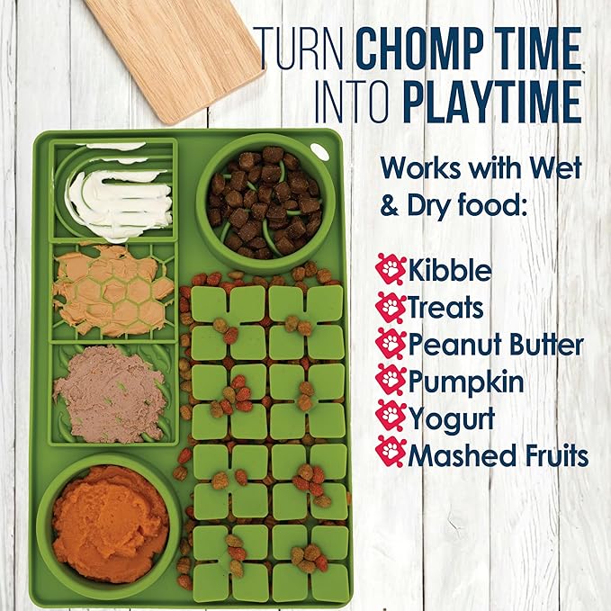 Palz&Co Paw Puzzle 2-in-1 Slow Feeder & Lick Mat for Dogs and Cats, Dry and Wet Food, Dishwasher Safe Silicone, Large 15.75"x10.5", Green