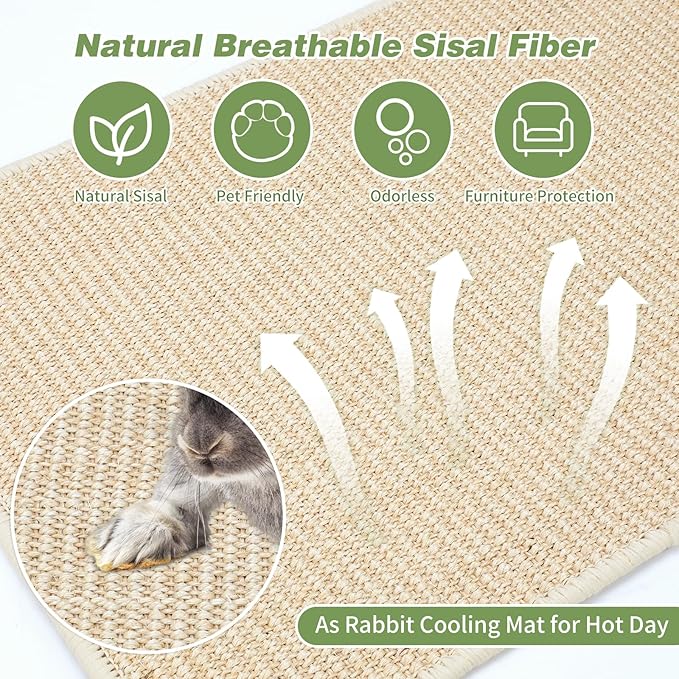 FHTONGE 2 Pcs Sisal Rabbit Scratching Mats for Cage Bedding, Bunny Scratch Pads Rabbit Mats with Non-Slip Base, Rabbits Chew Toys Grass Mats for Claws Teeth Grinding Biting Sleeping Nesting Cooling