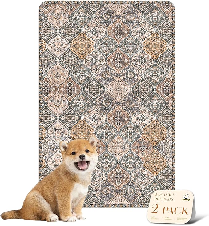 nunubaby Washable Pee Pads for Dogs, Stylish, Non-Slip and Leak-Proof Pee Pads. Reusable Potty Pads for Dogs for Crates and Floors.(Brown/Multi, 24" x36")