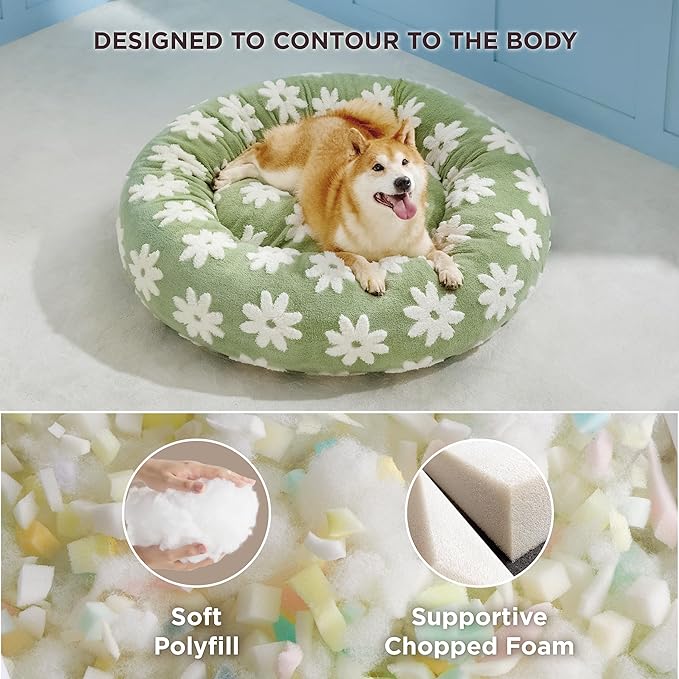 LE SURE Donut Large Dog Bed - Round Cat Beds for Indoor Anti-Anxiety Calming Pet Beds, Washable Cute Modern Beds with Teddy Sherpa Plush & Anti Slip Bottom, 36 Inch, Green