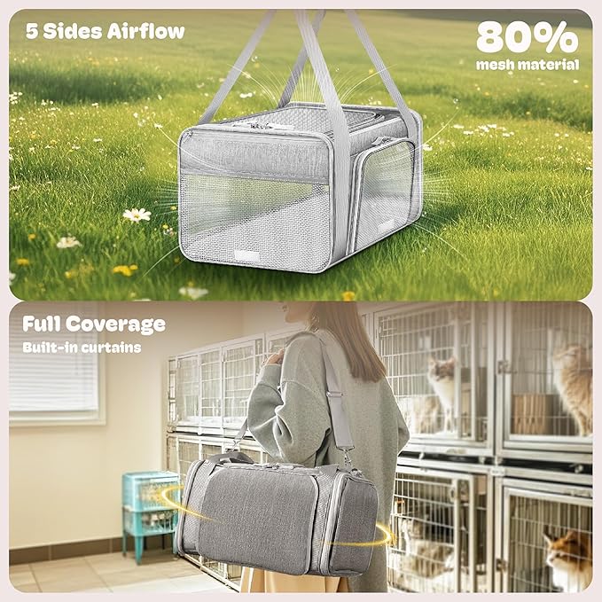 Top and 2 Sides Expandable Large Cat Carrier 18x13.5x9.5, TSA Airline Approved Dog Carriers for Large Dogs, Soft-Sided Pet Carrier with Self-Locking Zippers for Kitten,Rabbit, Puppy, Guinea Pig Grey