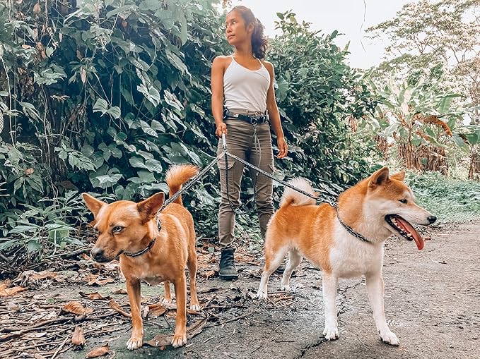 Tuff Pupper Heavy Duty Hands Free Dog Leash | Two Small/Medium Dogs Up to 90 lbs | Comfortable Shock Absorbing Bungee | Reflective Padded Handles | Lumbar Waist Belt 22-45" | Jogging Running Leash