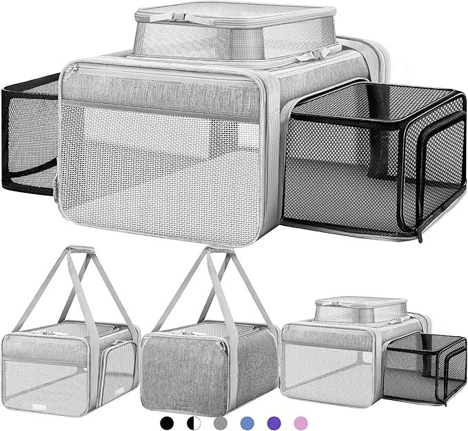 Top and 2 Sides Expandable Large Cat Carrier 18x13.5x9.5, TSA Airline Approved Dog Carriers for Large Dogs, Soft-Sided Pet Carrier with Self-Locking Zippers for Kitten,Rabbit, Puppy, Guinea Pig Grey