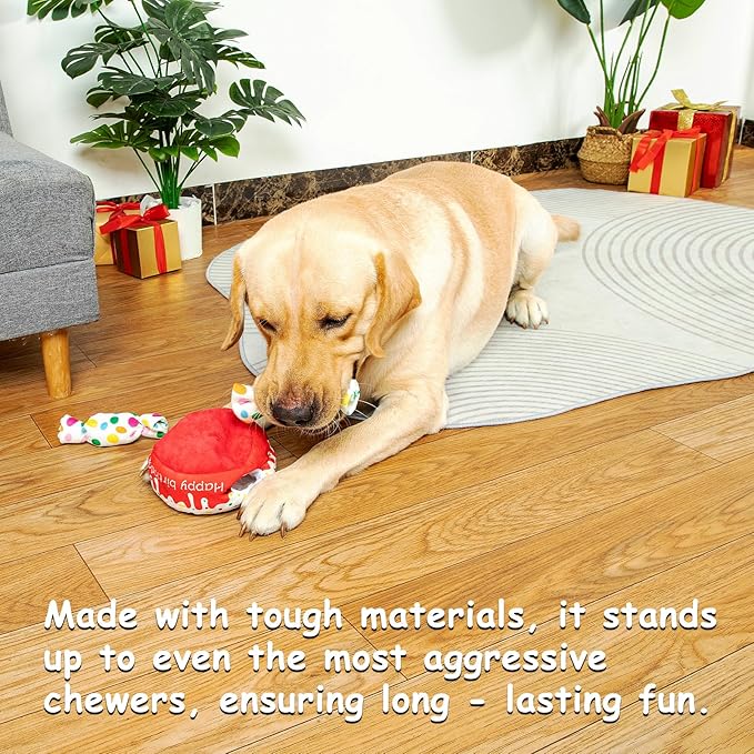 Hollypet Hide and Seek Squeaky Dog Toy, Designed Interactive Puzzle Plush Stuffed Puppy Toys,Cake