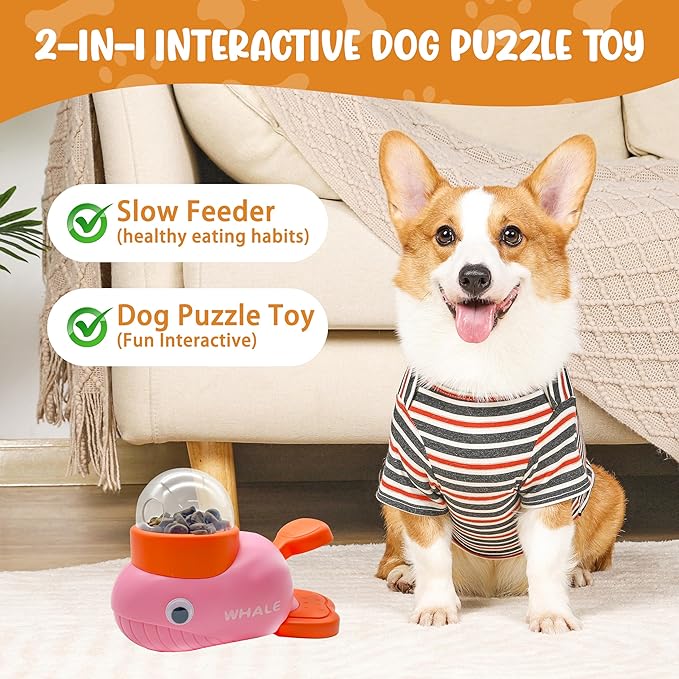 Interactive Treat Dispenser Dog Toy, Whale Puzzle Treat Toy for Small Large Smart Cats Dogs IQ Training and Mental Stimulation, Enrichment Slow Food Snacks Feeder with 1 Sticker for Pets -Pink