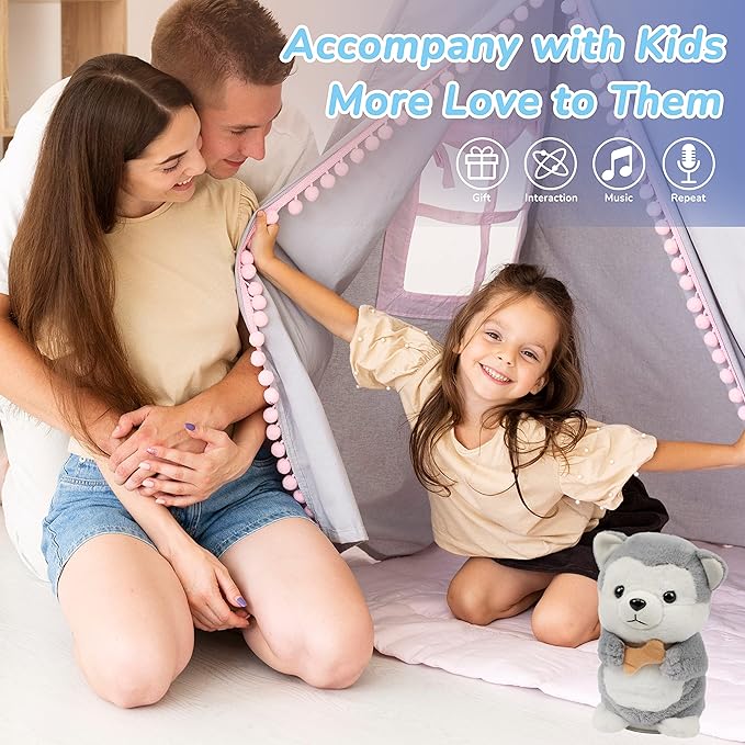 Hopearl Talking Husky Repeats What You Say Dog Nodding Electric Interactive Animated Puppy with Bone Toy Speaking Plush Buddy Gifts for Toddlers, Gray, 6.5''