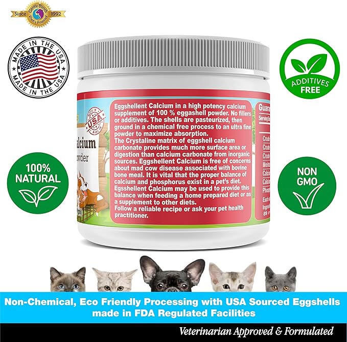 Calcium for Dogs and Cats - Fine Eggshell Powder - Strong Hip & Joint Supplement for Dogs and Cats- Dietary Supplement - No Additives - Pet's Friend Eggshellent Calcium 6oz