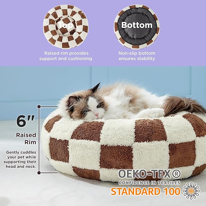 LE SURE Donut Small Dog Bed - Round Cat Bed for Indoor Cats with Anti-Anxiety Calming Teddy Sherpa Plush & Anti Slip Bottom Brown
