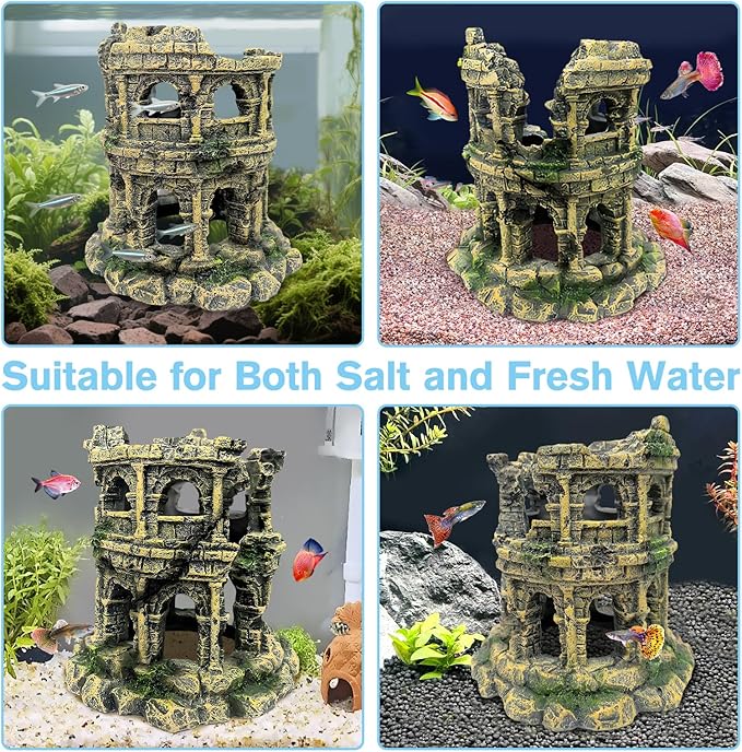 Hamiledyi Aquarium Antique Roman Column Ruins European Castle Stone Cave Decorations Fish Tank Artificial Resin Ornaments Large Landscaping for Betta Hide Play