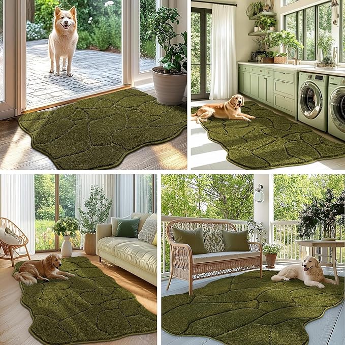 Large Dog Door Mat for Muddy Paws, 22x47 Absorbent Dirt Trapper Long Door Mat, Non-Slip Washable Mud Mat for Dogs, Polyester Microfiber Soft Pet Rug for Entryway, Mud Dog Paws, Patio (Olive Green)
