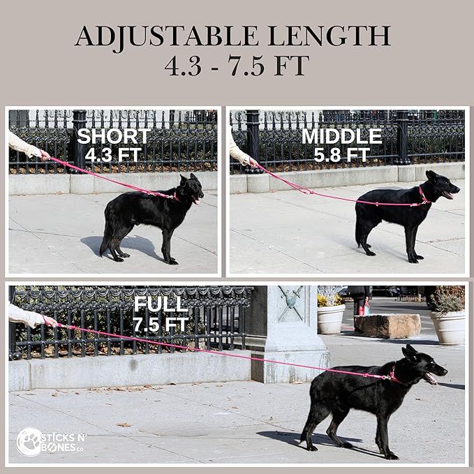 Hands Free Dog Leash, Waist Leash for Dog Walking, Crossbody, Multifunctional, Dog Lead, Running, Pink Adjustable Lead 4.3ft - 7.5ft, Double Lead for 2 Dogs, Dual Handle, Dog Training, 3/8" (10mm).