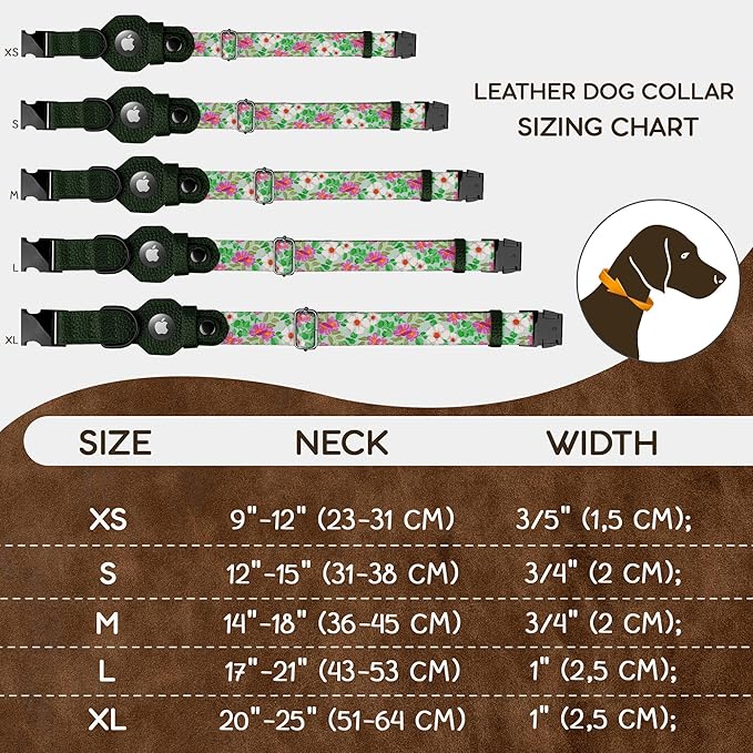 AirTag Dog Collar with Metal Buckle - Soft Leather Printed Nylon Dog Collar with Apple AirTag Holder - Cute Tracking GPS Pet Collars for Girl Boy Small Large Dogs (XL, 20"-25" Neck Fit, Floral)