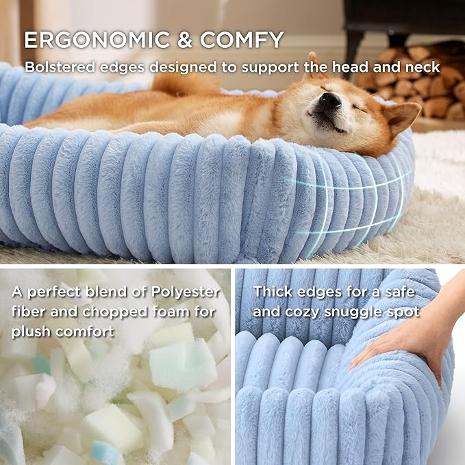 Bedsure Washable Dog Bed for Medium Dogs - Cute Furry Puppy Beds, Rectangle Orthopedic Corduroy Fleece Pet Beds with Removable Zipper Cover, 25x21x7inches, Blue