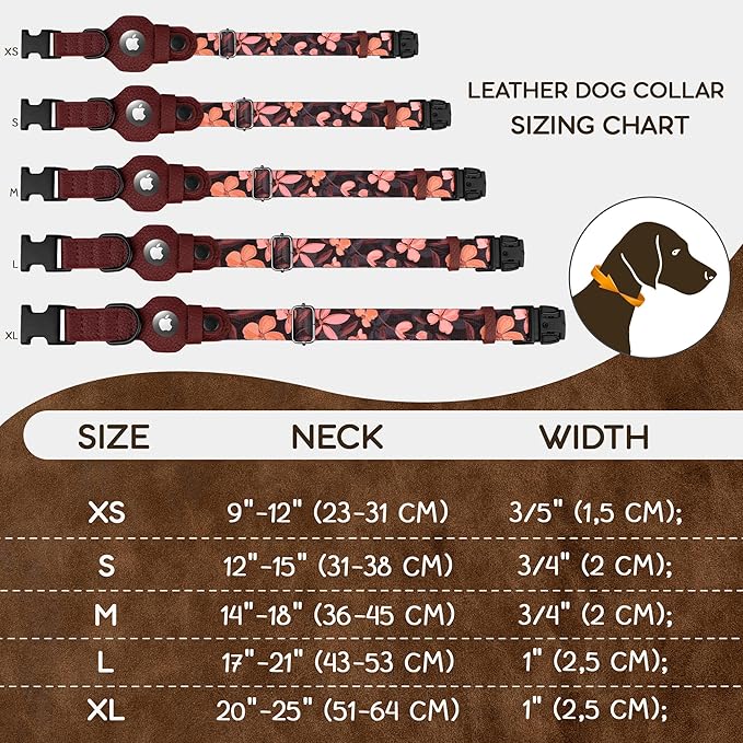 AirTag Dog Collar with Metal Buckle - Soft Leather Printed Nylon Dog Collar with Apple AirTag Holder - Cute Tracking GPS Pet Collars for Girl Boy Small Large Dogs (M, 14"-18" Neck Fit, Crossandra)