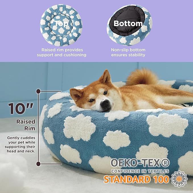 LE SURE Donut Dog Beds Large Sized Dog - Round Pet Beds for Calming Puppy with Washable Cover, Orthopedic Modern Beds with Jacquard Shaggy Plush & Anti Slip Bottom, 36 Inch,Blue