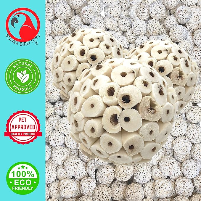Bonka Bird Toys 1214 Pk3 All-Natural Sola Atta Balls, 3-Pack, 2" Diameter, Soft and Lightweight Chew and Foot Toys for Birds, Small Pets, and DIY Crafts, Safe for Parrots, Parakeets, and Cockatiels