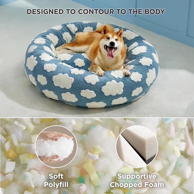 LE SURE Donut Dog Beds Large Sized Dog - Round Pet Beds for Calming Puppy with Washable Cover, Orthopedic Modern Beds with Jacquard Shaggy Plush & Anti Slip Bottom, 36 Inch,Blue