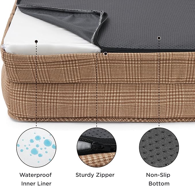 Bedsure Orthopedic Dog Beds for Small Dogs - Washable Small Dog Cat Bed Waterproof, Comfort Pet Couch Sofa with Washable Removable Cover, Pets Bed with Nonskid Bottom, Plaid-Brown, 24"