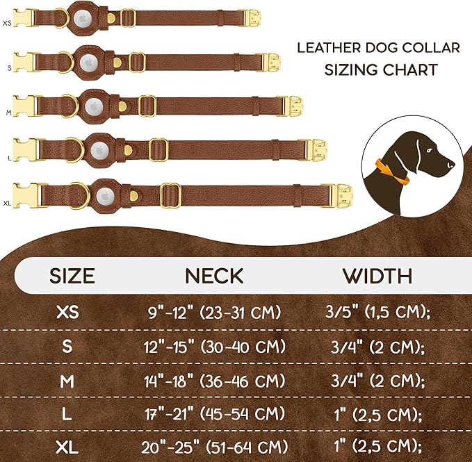 Leather Airtag Dog Collar - Soft Tracking Dog Collar with Apple AirTag Holder and Metal Buckle - Safety GPS Pet Collars for Small Medium Large Dogs Puppy Pink Red (Brown, M, 14"-18" Neck Fit)