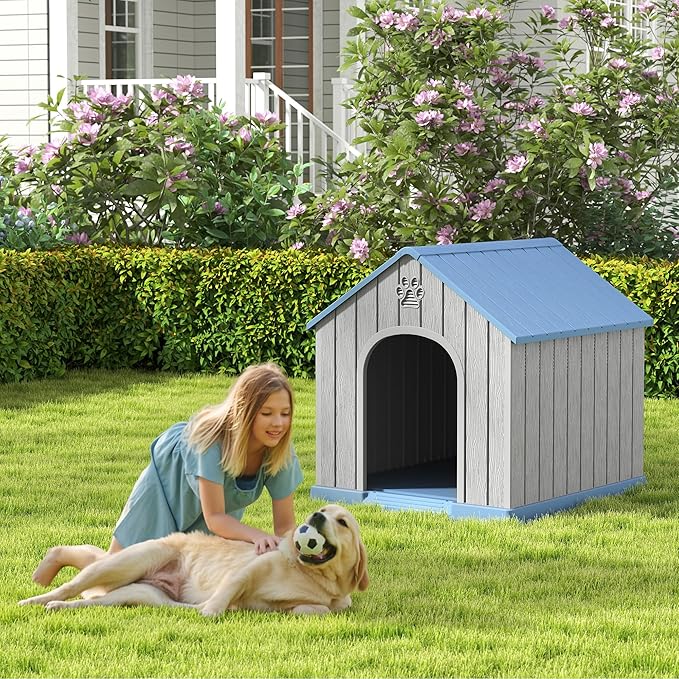 Large Dog House Outdoor Indoor for Medium Large Dogs, Durable Plastic Waterproof Doghouse with Air Vents and Elevated Floor, Easy Clean and Assemble (Blue, 36.2''LĂ38''WĂ38''H)