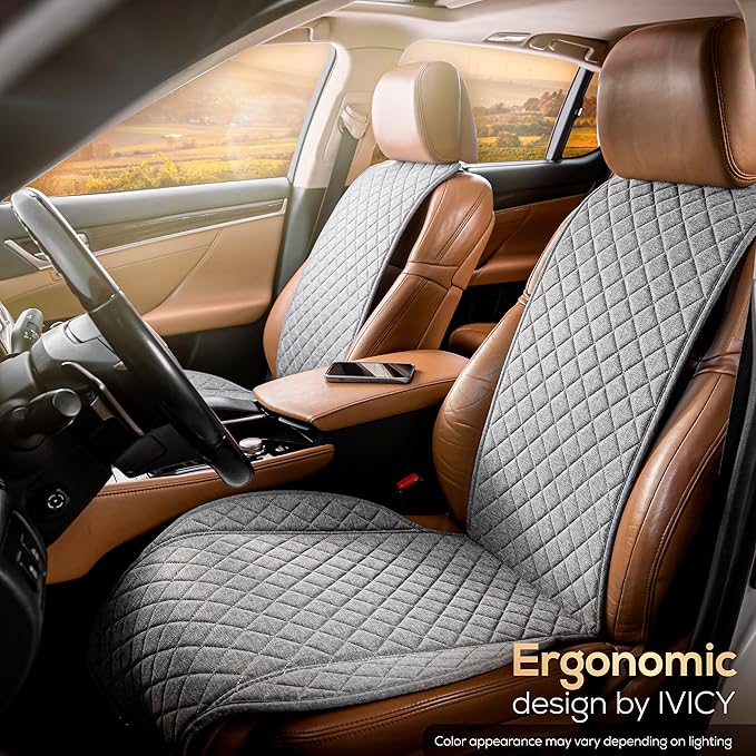 IVICY Faux Linen Car Seat Cover for Cars - Durable & Non-Slip - Front Car Seat Protector Covers for Most Automotive, Vans, SUVs, Trucks - 1 Unit - Cool Gray