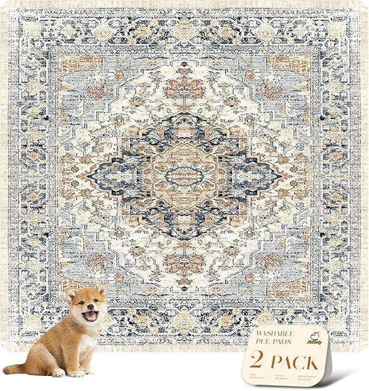 nunubaby 2PACK Washable Pee Pads for Dogs, Stylish, Non-Slip and Leak-Proof Pee Pads. Reusable Potty Pads for Dogs for Crates and Floors.(Beige/Multi, 72" x72")