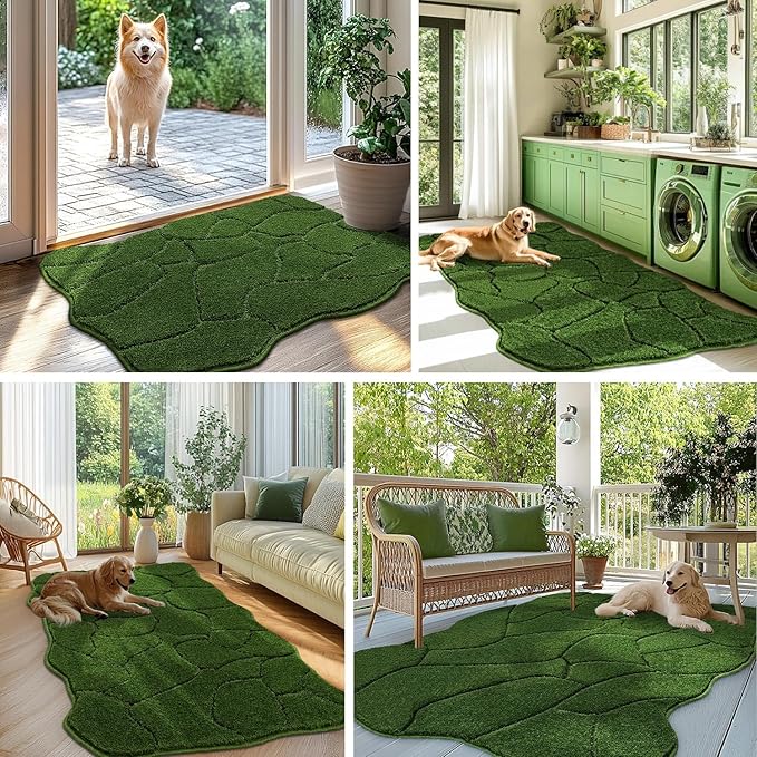 Large Dog Door Mat for Muddy Paws, 22x47 Absorbent Dirt Trapper Long Door Mat, Non-Slip Washable Mud Mat for Dogs, Polyester Microfiber Soft Pet Rug for Entryway, Mud Dog Paws, Patio (Forest Green)