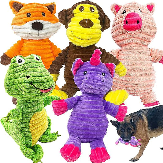 Jalousie Plush Toys Assortment Value Bundle Puppy Pet Mutt Squeak Toy for Medium Large Dogs (5 Pack Corduroy)