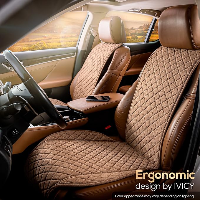 IVICY Faux Linen Car Seat Cover for Cars - Durable & Non-Slip - Front Car Seat Protector Covers for Most Automotive, Vans, SUVs, Trucks - 1 Unit – Light Brown