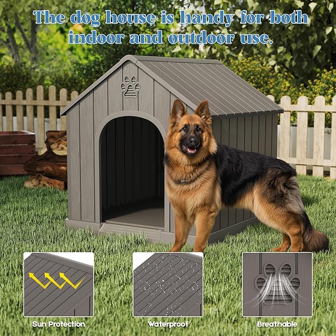 Large Dog House Outdoor Indoor for Medium Large Dogs, Durable Plastic Waterproof Doghouse with Air Vents and Elevated Floor, Easy Clean and Assemble (Grey, 36.2''LĂ38''WĂ38''H)