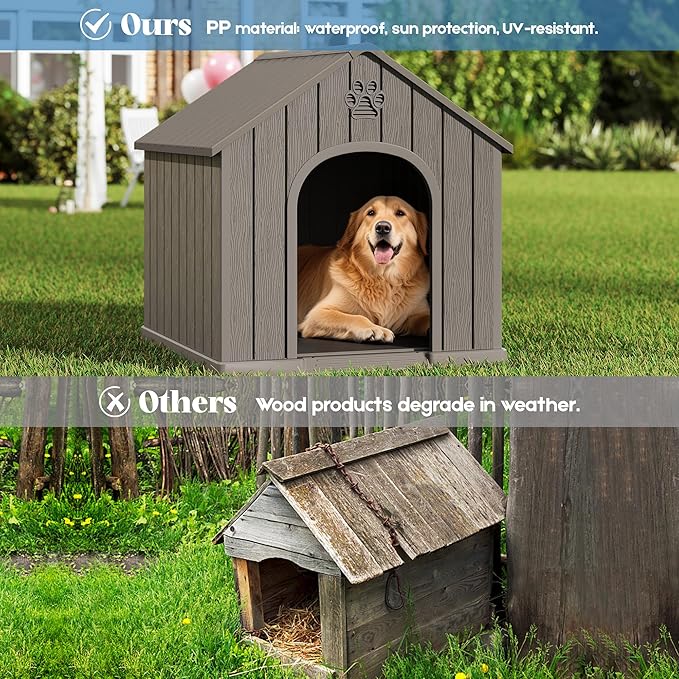 Large Dog House Outdoor Indoor for Medium Large Dogs, Durable Plastic Waterproof Doghouse with Air Vents and Elevated Floor, Easy Clean and Assemble (Grey, 36.2''LĂ38''WĂ38''H)