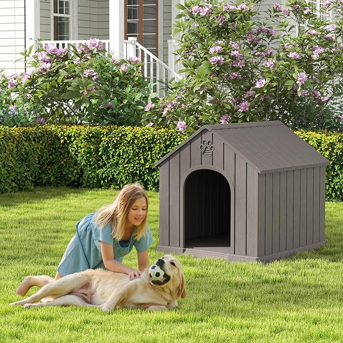 Large Dog House Outdoor Indoor for Medium Large Dogs, Durable Plastic Waterproof Doghouse with Air Vents and Elevated Floor, Easy Clean and Assemble (Grey, 36.2''LĂ38''WĂ38''H)