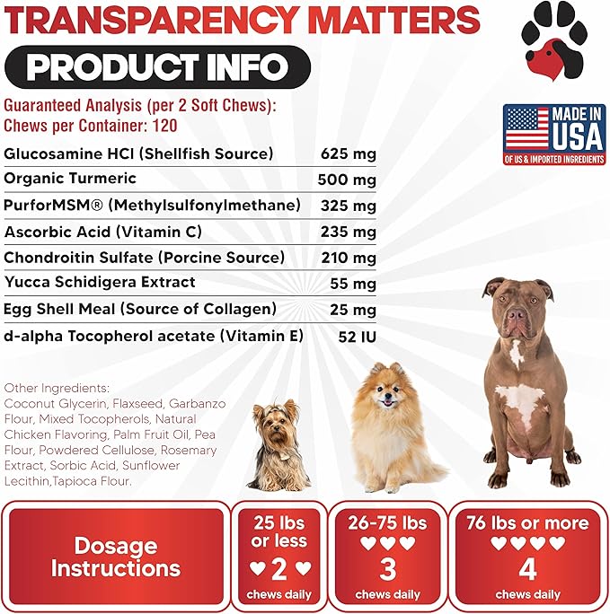 Glucosamine for Dogs Hip and Joint Supplement - Safe Joint Support - Glucosamine Chondroitin MSM Turmeric - 120 Mobility Joint Care Chews for Dogs - ActivTreats for All Breeds Ages and Sizes.