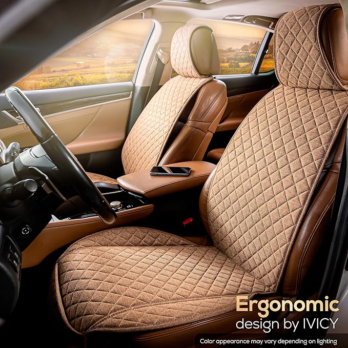IVICY Faux Linen Car Seat Cover for Cars - Durable & Non-Slip - Front Car Seat Protector Covers for Most Automotive, Vans, SUVs, Trucks - 1 Unit – Light Brown