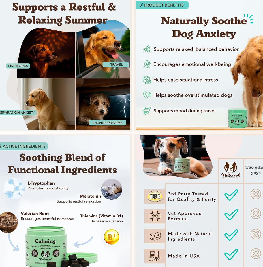 Natural Dog Company Calming Chews — natural stress and anxiety relief supplement with chamomile, valerian root, and melatonin for dogs at PetLovers.