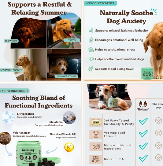 Natural Dog Company Calming Chews — natural stress and anxiety relief supplement with chamomile, valerian root, and melatonin for dogs at PetLovers.