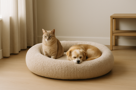 Cat and small dog sharing a beige chenille donut bed in a calm, minimal room