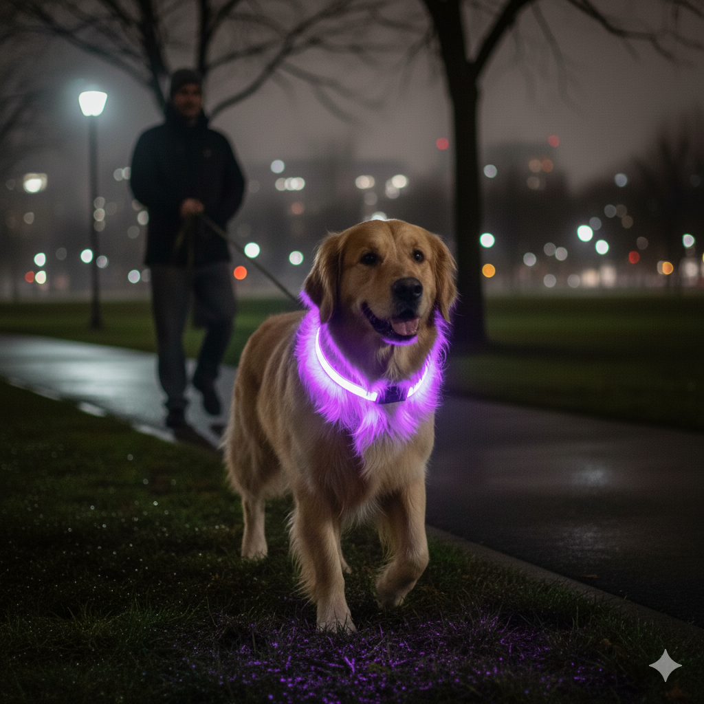 Lavender purple LED dog harness with reflective trim for nighttime visibility.
