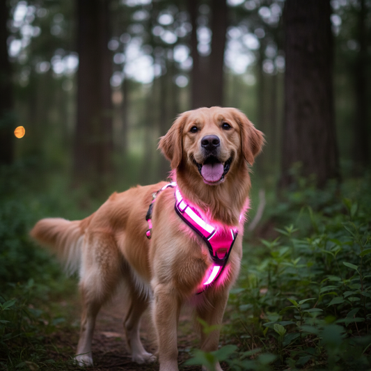 A happy dog wearing the bright pink rechargeable LED dog harness during a walk at twilight, showcasing its high visibility and stylish look