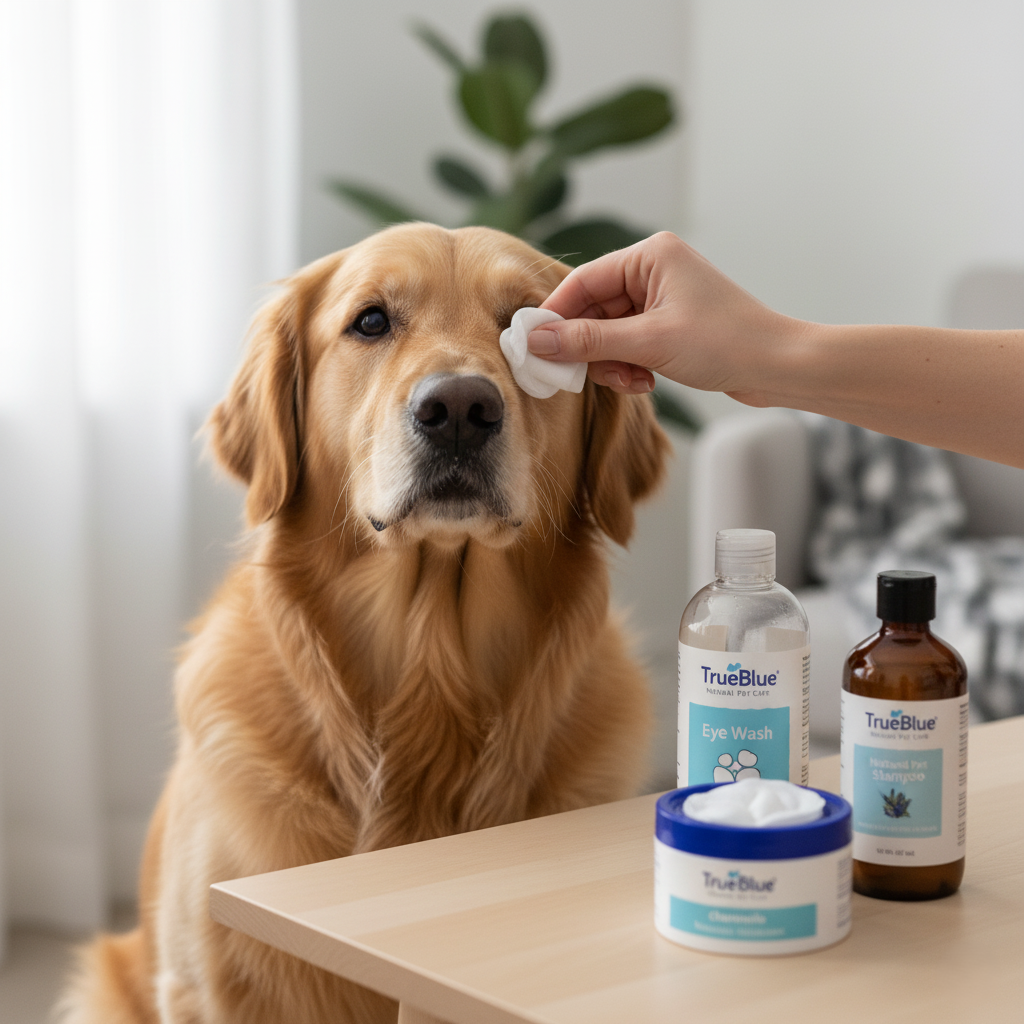 TrueBlue Cucumber & Chamomile Dog Eye Wipes — all-natural tear stain remover for dogs and puppies, available at PetLovers.