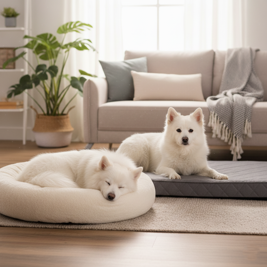 Golden retriever on a fluffy donut bed and senior dog on an orthopedic memory foam bed, highlighting comfort, joint support, and stylish calming pet beds for healthier rest