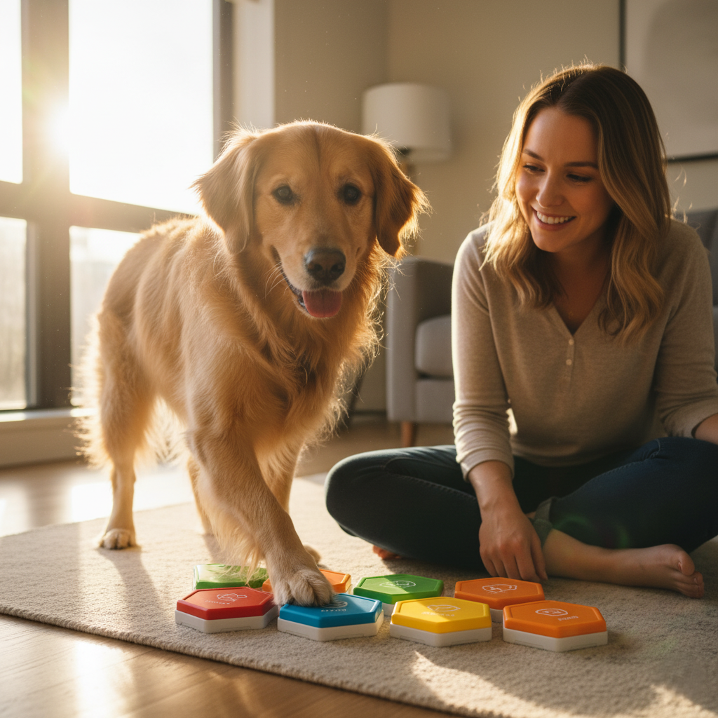 FluentPet Speak Up Dog Buttons — 12 recordable communication buttons for dogs and cats with clear upward sound and pre-installed batteries at PetLovers.