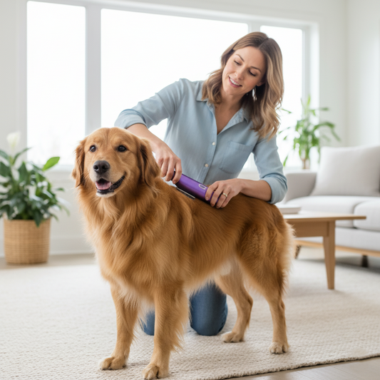 Owner calmly clipping a thick-coated dog’s shoulder with a purple cordless 5-in-1 pet clipper