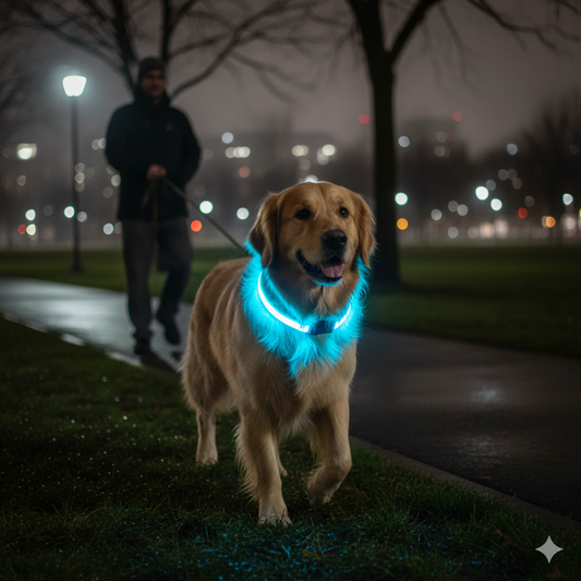 Color-changing rechargeable LED dog collar glowing for nighttime visibility.