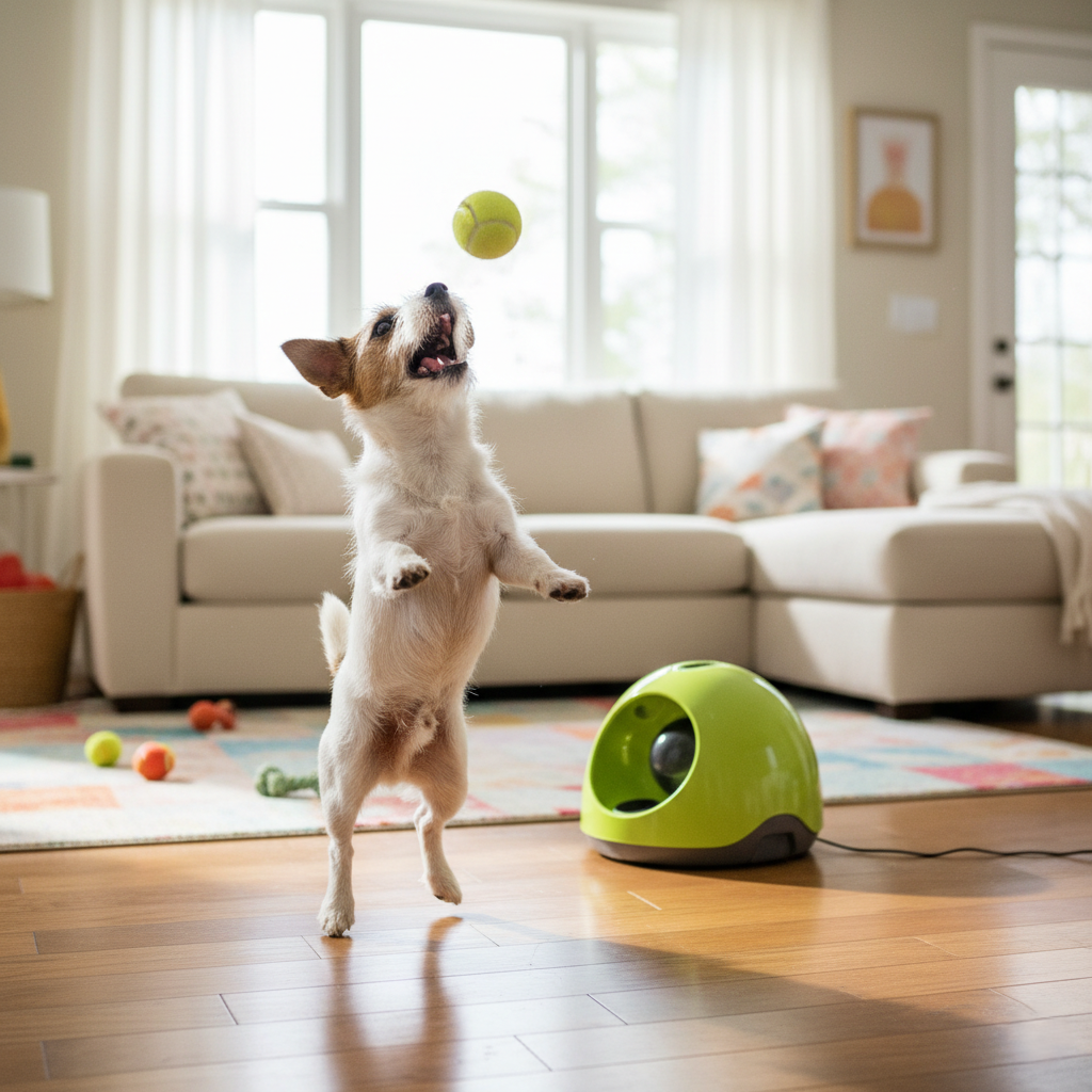 Automatic Dog Ball Launcher — interactive, rechargeable fetch machine for small and medium dogs with 4 ETPU balls, available at PetLovers.