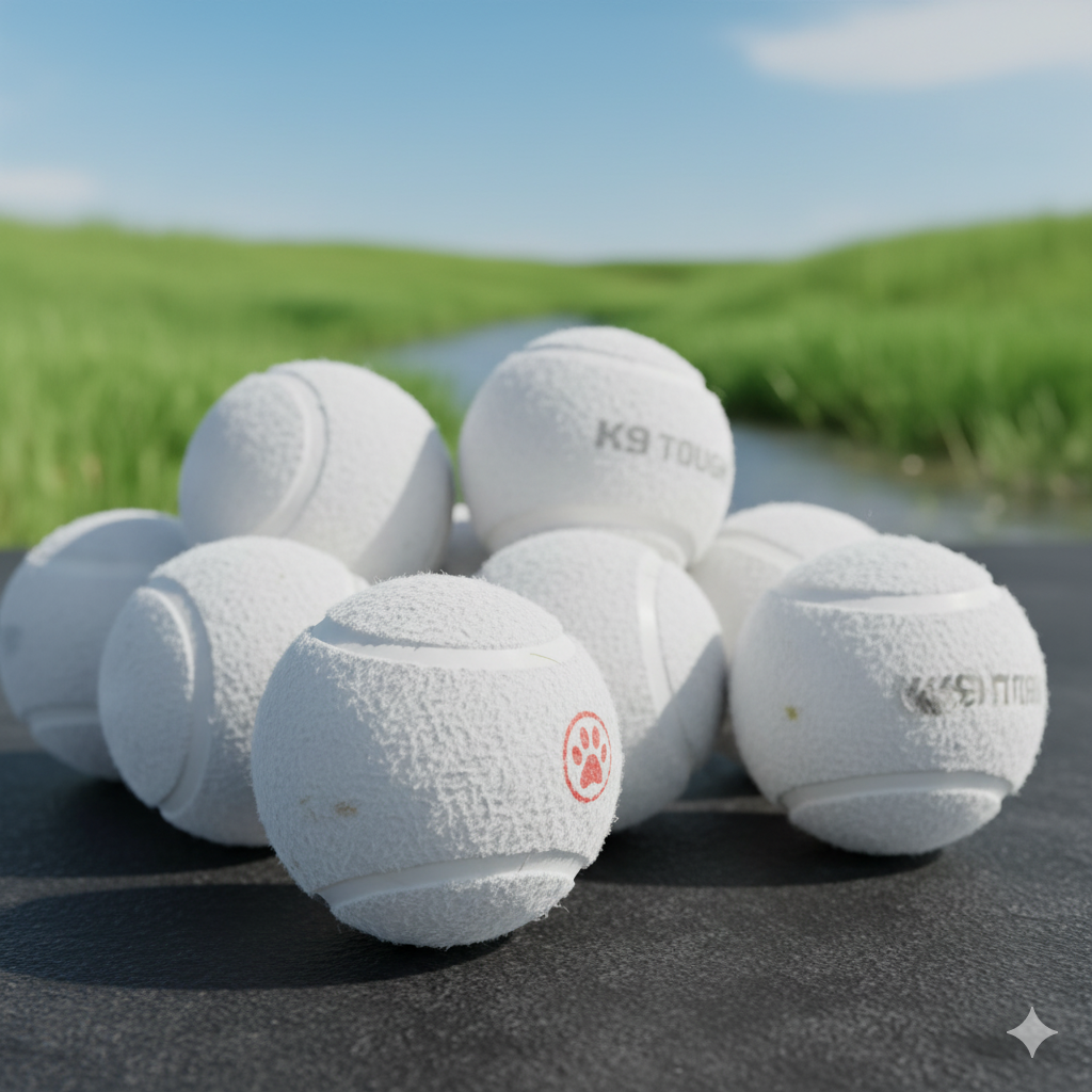 White durable tennis-style chew balls for dogs, suitable for fetch and aggressive chewing.