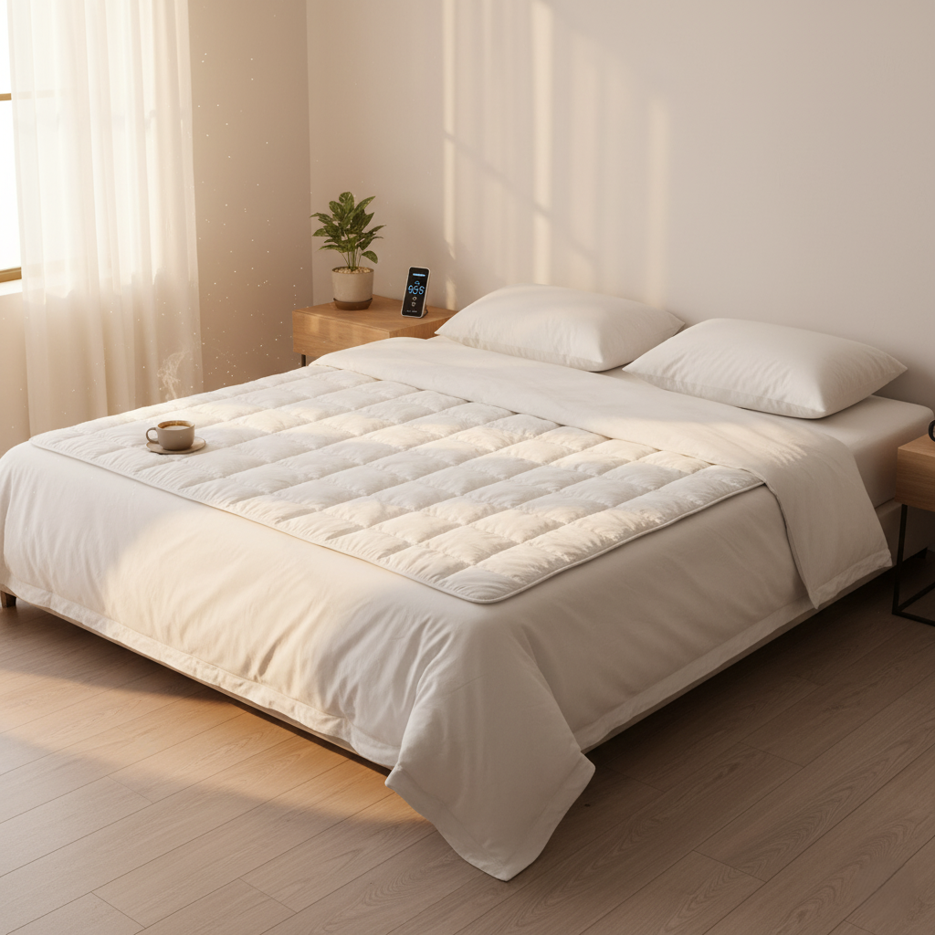 Heated Mattress Pad Cal King — dual-control electric bed warmer with 6 heat levels, deep pocket fit, and auto shut-off, available at Homestead Market.