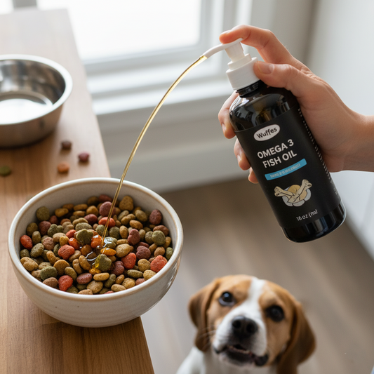 A dog owner pumping Wuffes advanced Omega 3 fish oil supplement into a dog's food bowl, demonstrating ease of use
