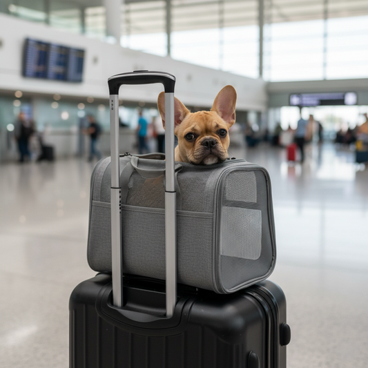 A TSA-approved grey pet carrier for small dogs sitting on a suitcase in an airport, demonstrating its travel-readiness