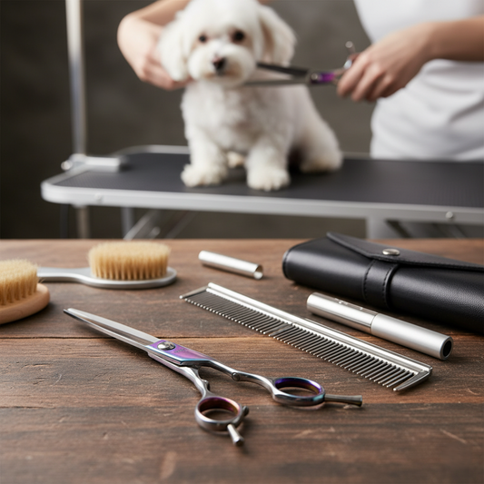 6-in-1 Professional Dog Grooming Scissors Kit — titanium-coated, safety-rounded grooming tools for dogs and cats, available at PetLovers.